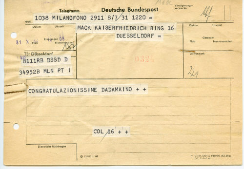 Dadamaino (Absender*in), Korrespondenz von Dadamaino an Heinz Mack, 31.10.1964