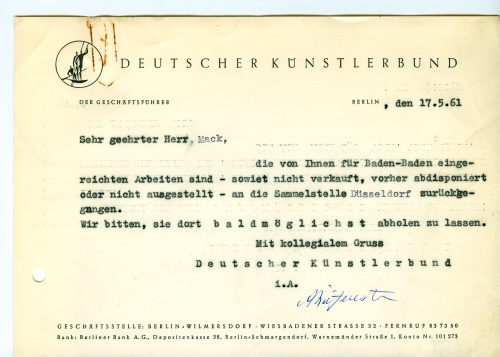 Deutscher Künstlerbund (Absender*in), Korrespondenz von Deutscher Künstlerbund an Heinz Mack, 17.05.1961