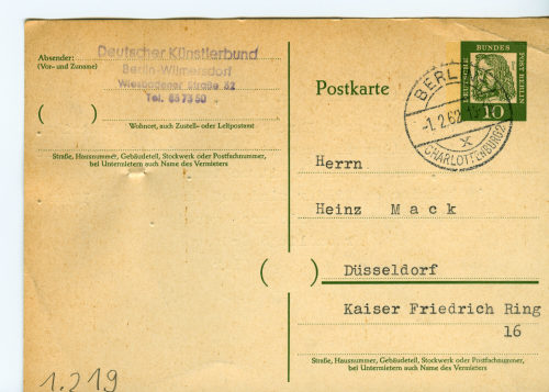 Deutscher Künstlerbund (Absender*in), Korrespondenz von Deutscher Künstlerbund an Heinz Mack, 01.02.1962