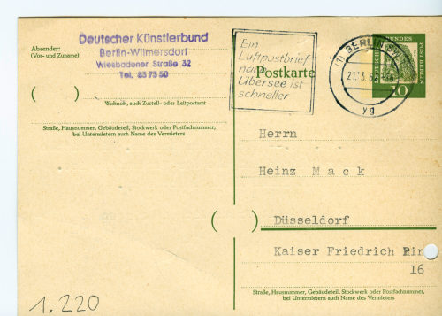 Deutscher Künstlerbund (Absender*in), Korrespondenz von Deutscher Künstlerbund an Heinz Mack, 21.03.1962