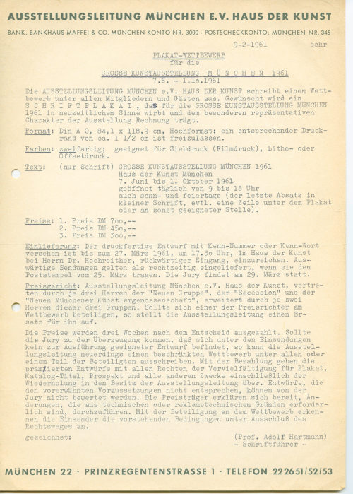 Ausstellungsleitung München e.V. Haus der Kunst (Absender*in), Korrespondenz von Adolf Hartmann an Heinz Mack, 09.02.1961