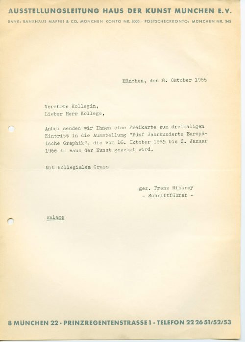 Ausstellungsleitung München e.V. Haus der Kunst (Absender*in), Korrespondenz von Franz Mikorey an Heinz Mack, 08.10.1965