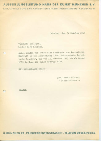 Korrespondenz von Franz Mikorey an Heinz Mack