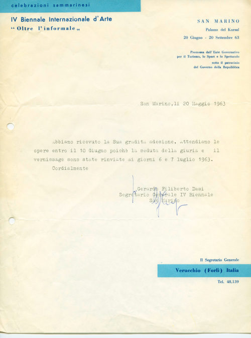 Biennale Internazionale d'Arte di San Marino (Absender*in), Korrespondenz von Biennale Internazionale d'Arte di San Marino an Heinz Mack, 20.03.1963