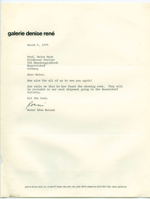 Galerie Denise René (Absender*in), Korrespondenz von Ronni Eron Roland an Heinz Mack, 05.03.1974