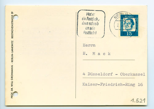 Prof. Dr. Will Grohmann (Absender*in), Korrespondenz von Prof. Dr. Will Grohmann an Heinz Mack, 02.05.1965