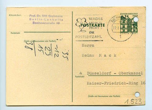 Prof. Dr. Will Grohmann (Absender*in), Korrespondenz von Prof. Dr. Will Grohmann an Heinz Mack, 11.01.1966