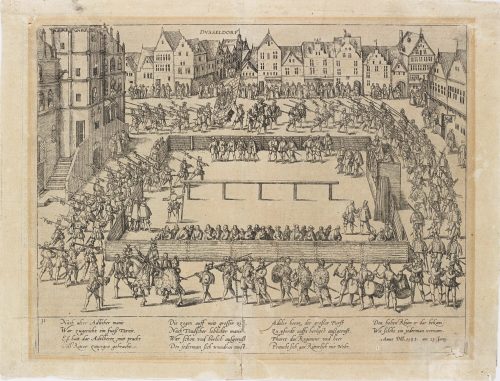 Franz Hogenberg (Kupferstecher*in), Beschreibung derer Fürstlicher Güligscher ec. Hochzeit: Fussturnier auf dem Marktplatz am 23. Juni 1585, 1587