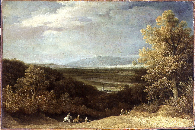 Willem (Guillaume) Dubois, Landschaft mit Blick auf eine weite Tiefebene, vorne Reiter, nach 16 ...