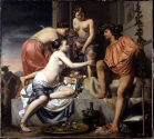 Caesar Boetius van Everdingen, Der thronende Bacchus - Nymphen reichen Bacchus Wein und Früchte ...