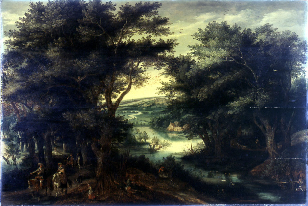 Gillis van Coninxloo III - zugeschrieben, Baumreiche Flusslandschaft mit Reisenden, im Hintergr ...