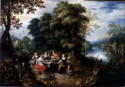 Abraham Govaerts und Ambrosius Francken II (?), Landschaft mit der Allegorie der fünf Sinne, 16 ...