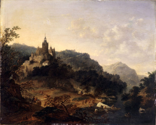 Jan Griffier I, Bergige Flusslandschaft mit Schloss und Fischerbooten, um 1700, Kunstpalast, Dü ...