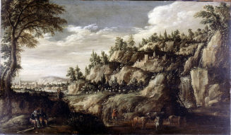 Marten Ryckaert, Gebirgige Landschaft mit Stadt und rastendem Paar, um 1610,  Kunstpalast, Düss ...