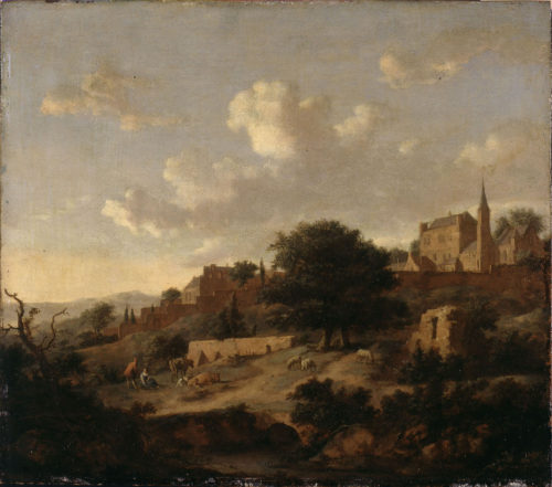 Jan van der Heyden und Adriaen van de Velde, Landschaft mit einer befestigten Stadt am Hang, Ku ...