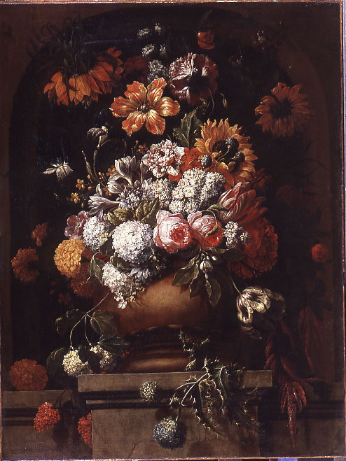 Gaspar Peeter Verbruggen d. J., Blumenbouquet in einer Tonvase auf einem Sockel in einer Nische ...