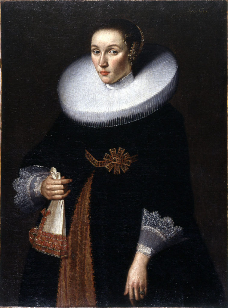 Niederländisch, Bildnis einer stehenden Frau mit Radkragen, Dreiviertelfigur nach links, 1642,  ...