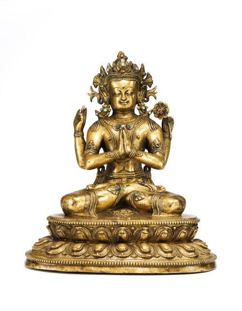 Unbekannt (Künstler*in), Sadakshari-Avalokiteshvara, der Bodhisattva des Mitgefühl, auf doppeltem Lotussockel, 18. Jahrhundert