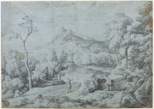 Gaspard Dughet (Künstler*in), Landschaft mit grüßendem Wanderer, 17. Jahrhundert