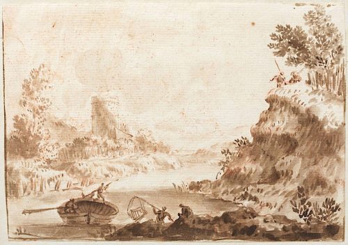 Alessio de Marchis (Künstler*in), Landschaft mit Fischern am Fluss, 18. Jahrhundert