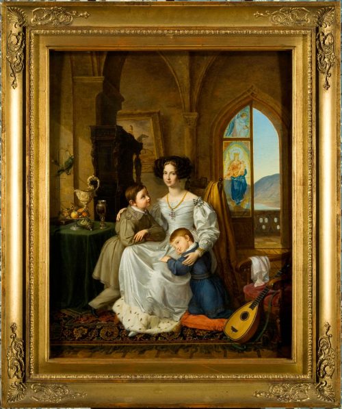 Theodor Hildebrandt (Maler*in), Wilhelmine Luise Prinzessin von Preußen mit ihren Söhnen Friedrich Wilhelm Georg Ernst und Friedrich Wilhelm Ludwig Alexander auf Burg Rheinstein, um 1830