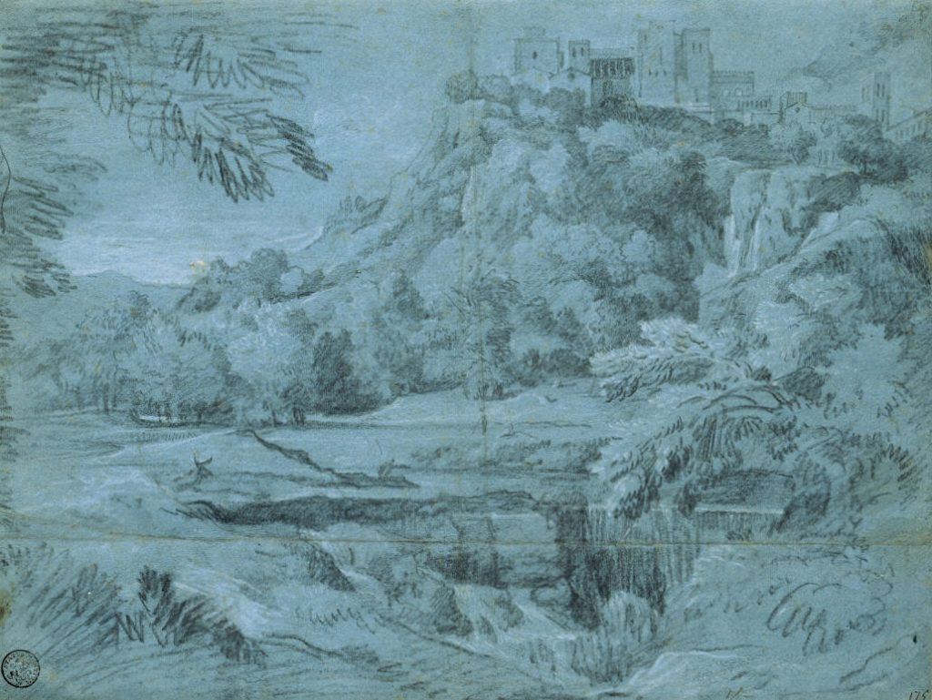 Landschaft mit Bergstadt und Wasserfall