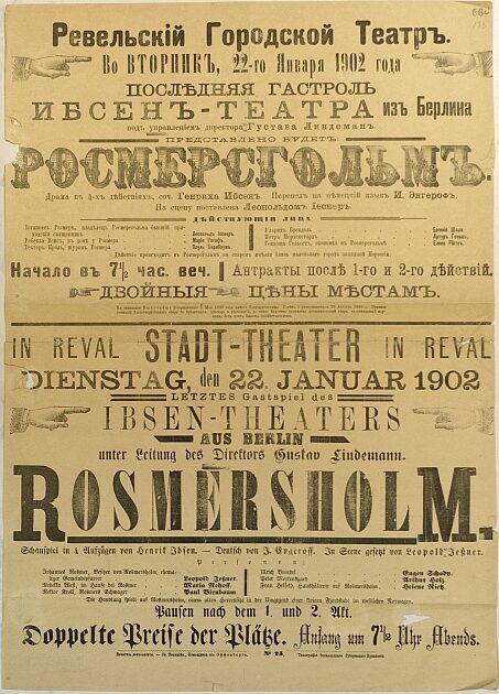 Theaterplakat Gastspiel "Rosmersholm" des Ibsen-Theaters im Stadttheater Reval 1902