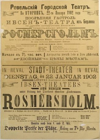 Theaterplakat Gastspiel "Rosmersholm" des Ibsen-Theaters im Stadttheater Reval 1902