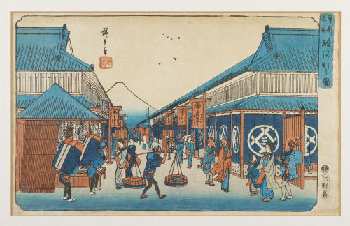 Unbekannt (Künstler*in), Strassenszene in Edo (Tokyo) mit dem Berg Fujiyama im Hintergrund, 19. Jahrhundert