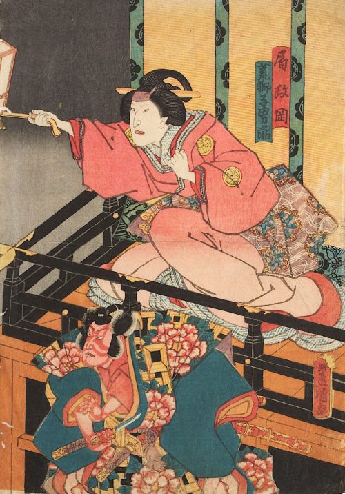 Kunisada (Künstler*in), Die Amme Masaoka und der treue Otokonosuke jagen den in eine Ratte verwandelten Nikki Danjō | Fünfter Akt aus dem Kabuki-Schauspiel Kostbarer Weihrauch und Herbstblüten in Sendai , 1849