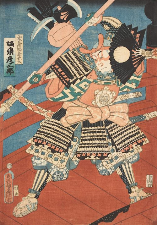 Kunisada (Künstler*in), Bandō Hikosaburō als Benkei auf der Gojō-Brücke in Kyoto., 1863