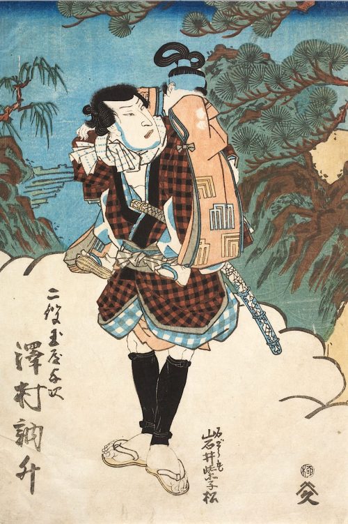 Kunisada (Künstler*in), Sawamura Tōshō als Karukaya Dōmon in der Szenenfolge Auf dem Berge Kōyasan und als Tamaya Yoji mit Karukayas Sohn Ishidōmaru | Aus dem Kabuki-Schauspiel Meister Karukaya und sein Andenken aus Kyūshū, Um 1832