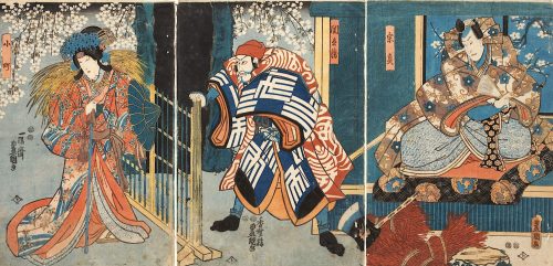 Kunisada (Künstler*in), Munesada, Kuronushi und Komachi am Pass von Ausaka | Aus dem Kabuki-Schauspiel Die junge Dichterin Onono Komachi in zwölf Lagen festlicher Seide, 1850