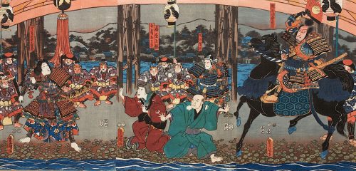 Kunisada (Künstler*in), Naozane trifft Atsumori bei der Brücke | Aus dem Kabuki-Schauspiel Keimendes Grün auf dem Schlachtfeld von Ichinotani, 1852