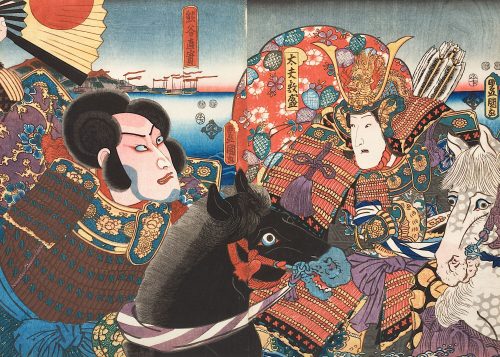 Kunisada (Künstler*in), Die Feinde Atsumori und Naozane | Aus dem Kabuki-Schauspiel Keimendes Grün auf dem Schlachtfeld von Ichinotani, 1852