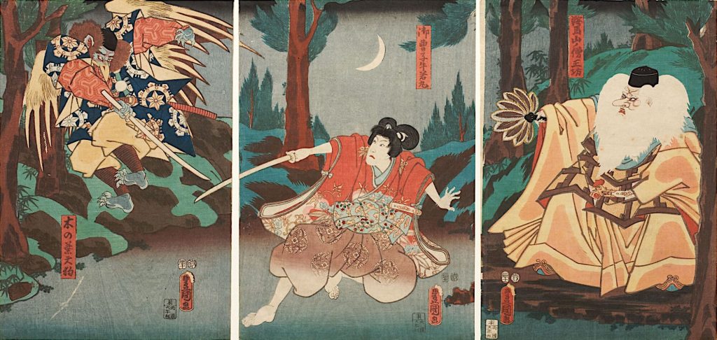 Tengu-Abtkönig Sōjōbō erteilt Ushiwakamaru Fechtunterricht