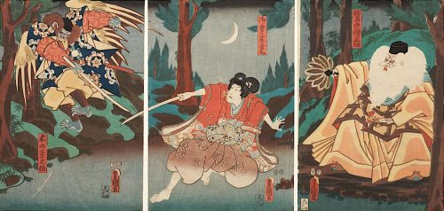 Kunisada (Künstler*in), Tengu-Abtkönig Sōjōbō erteilt Ushiwakamaru Fechtunterricht, 1856