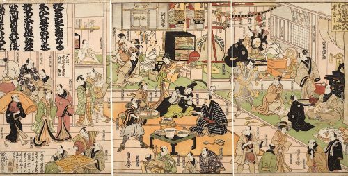 Kunisada (Künstler*in), Die Ruheräume im Inneren des Theaters Nakamuraza in Edo bei ausverkauftem Haus , 1812