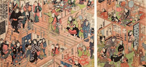 Kunisada (Künstler*in), Blick vom zweiten Stockwerk ins Innere des Ichimura-Theaters in Edo , Um 1823