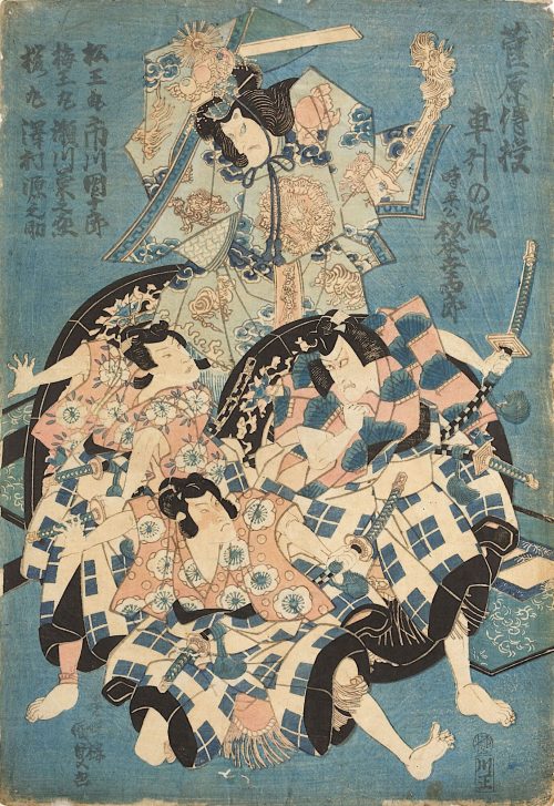 Kunisada (Künstler*in), Wagenszene l Dritter Akt aus dem Kabuki-Schauspiel Die Schule der Schreibkunst des Hauses Sugawara, Um 1830