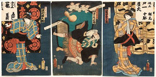 Kunisada (Künstler*in), Bühnenszene aus dem Kabuki-Schauspiel Die Begegnung der Rivalen im Vergnügungsviertel, 1861