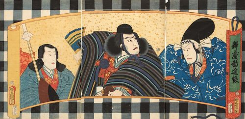 Kunisada (Künstler*in), Die Hauptdarsteller des Kabuki-Schauspiels Benkeis Spendenliste auf einer bebilderten Querrolle, 1852, 7. Monat