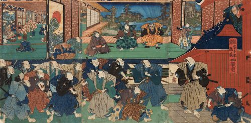 Kunisada (Künstler*in), Der Bote des Shogun verkündet dem Haus des Fürsten Enya,
dass das gesamte Lehen konfisziert wird | Vierter Akt aus
dem Kabuki-Schauspiel Vorlage zur Schönschrift: Ein Schatzhaus
von getreuen Samurai
, 1839