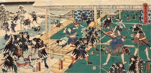 Kunisada (Künstler*in), Der nächtliche Überfall auf die Residenz des Kōno Moronao | Elfter Akt aus dem Kabuki-Schauspiel Vorlage zur Schönschrift: Ein Schatzhaus von getreuen Samurai, 1856