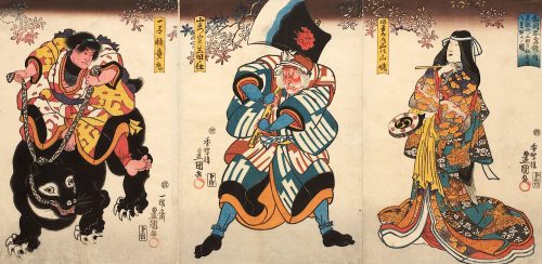 Kunisada (Künstler*in), Drei Hauptdarsteller | Aus dem Kabuki-Schauspiel Japanische
Beispiele von Gefolgstreue und Kindesliebe
, Um 1845