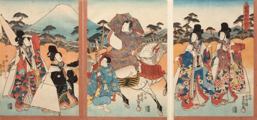 Kunisada (Künstler*in), Der Galan Ashikaya Hikarushi mit seinem Pagen unterwegs mit vier schönen Damen., Um 1847