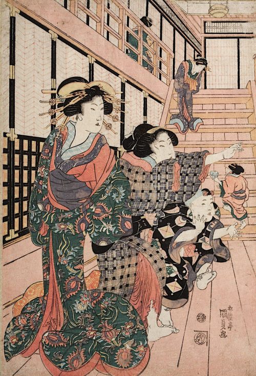 Kunisada (Künstler*in), Kurtisanen, ihre Dienerinnen und Schülerinnen spielen Blindekuh, Um 1815