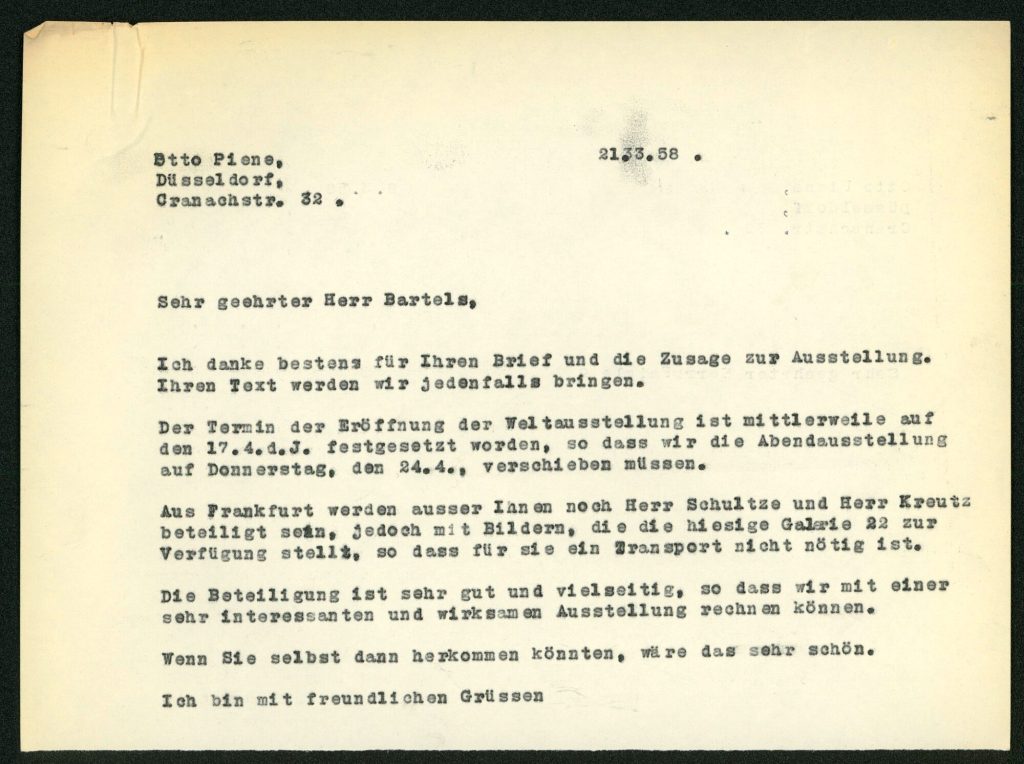 Korrespondenz von Otto Piene an Hermann Bartels