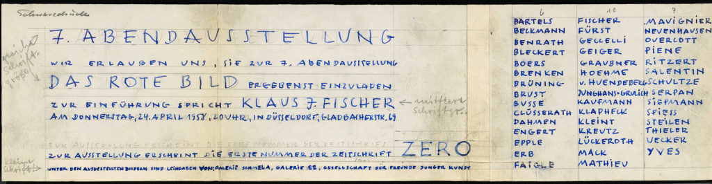 Otto Piene, Entwurf für die Einladung zur Ausstellungseröffnung der 7. Abendausstellung am 24.04.1958, Gladbacherstraße 69, Düsseldorf