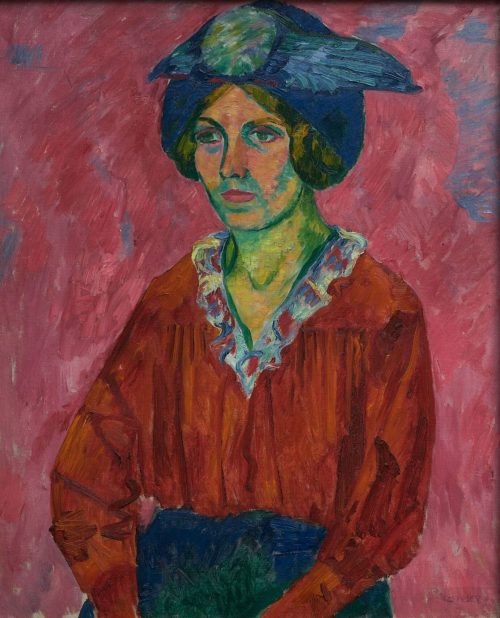 Walter Ophey (Künstler*in), Mädchenbild in Rot (Modell mit Hut), um 1916